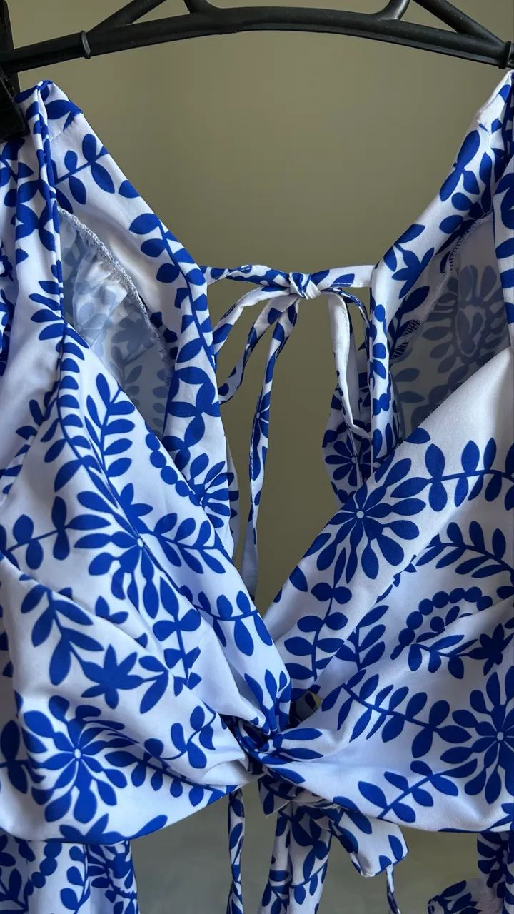 Cropped Estampado Azul e Branco Ciganinha / Ombro a Ombro - Amarração Ajustável - Foto 5