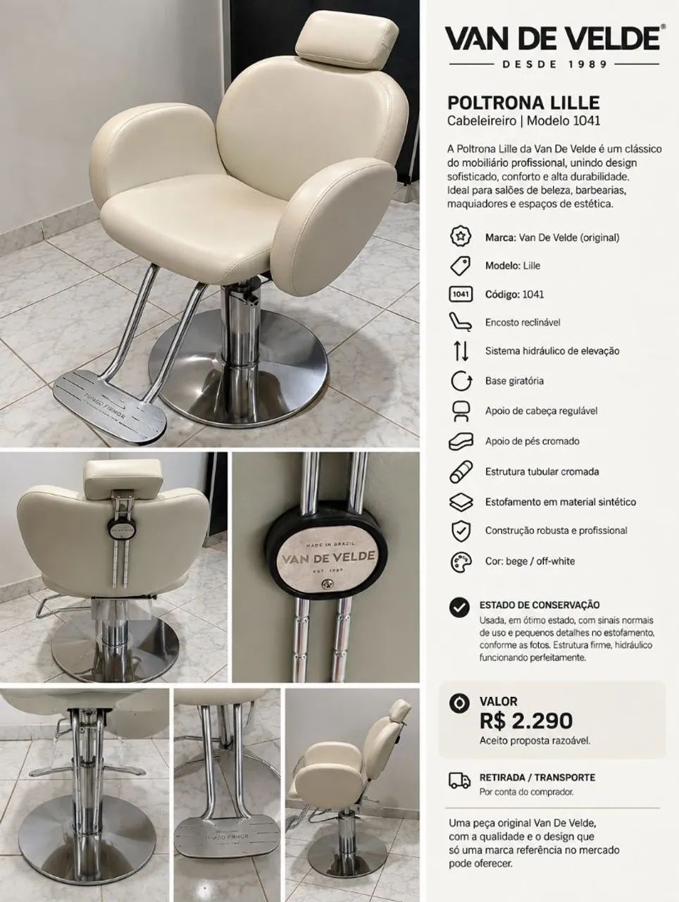 POLTRONA PROFISSIONAL VAN DE VELDE - ORIGINAL - HIDRÁULICA E RECLINÁVEL