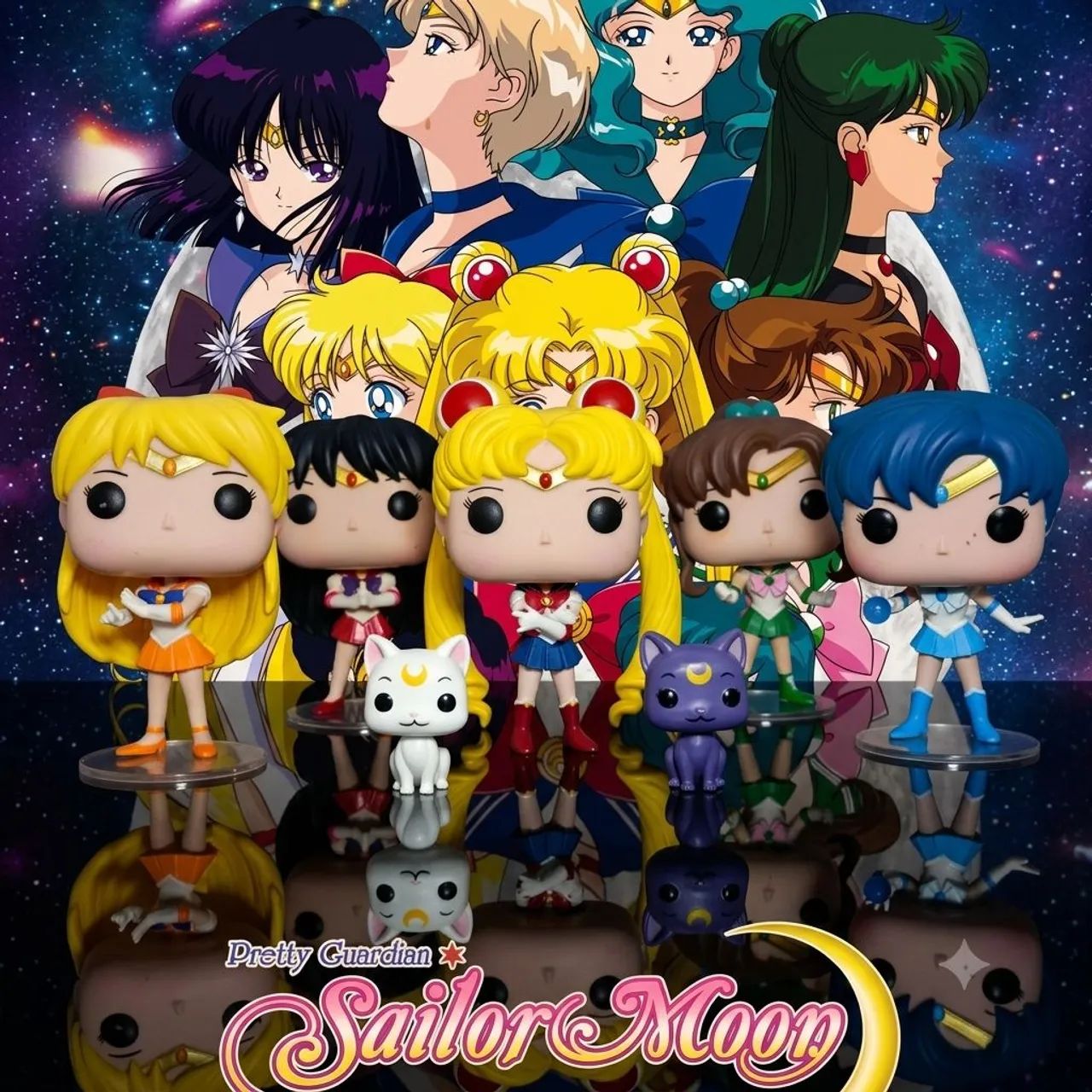 Funko Pop Sailor Moon - Moon, Mercury, Mars, Jupiter e Venus + Gatos Luna e Artemis