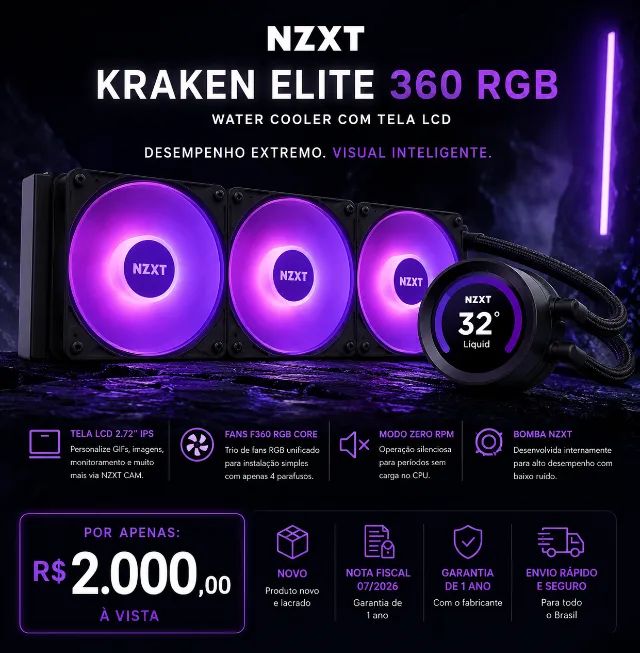 Water Cooler NZXT Kraken Elite 360 RGB Preto com Tela - Novo e Lacrado! - Foto 3