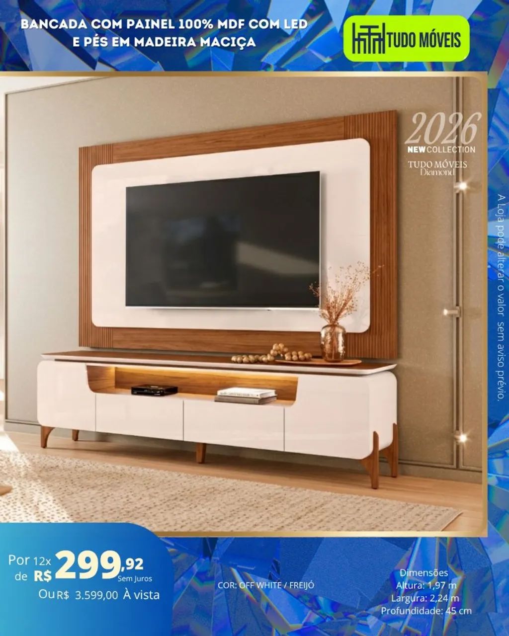 Bancada com Painel 100%mdf com led e pés em madeira maciça 