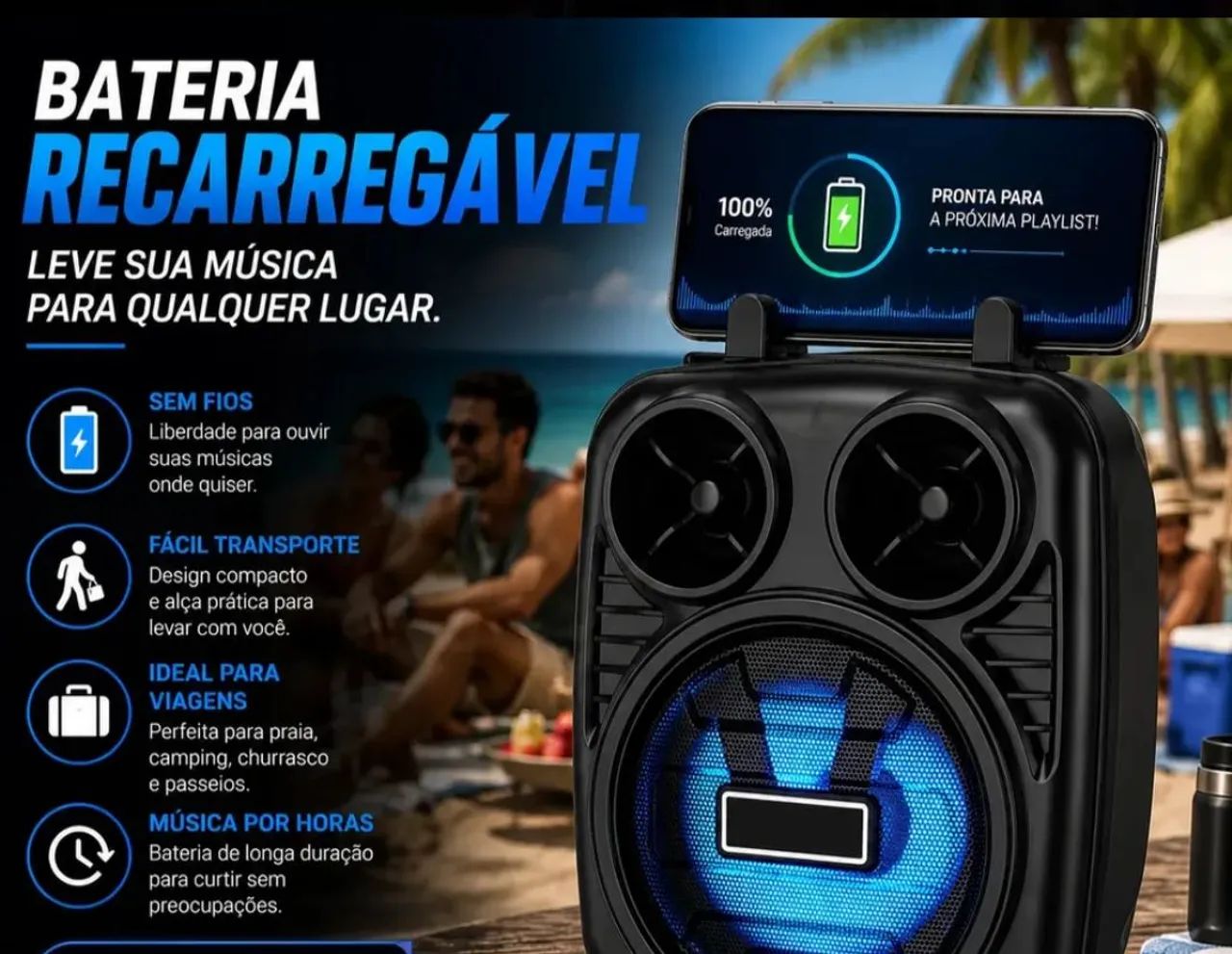 Caixa de Som Bluetooth Portátil com LED RGB e apoio para celular  - Foto 5