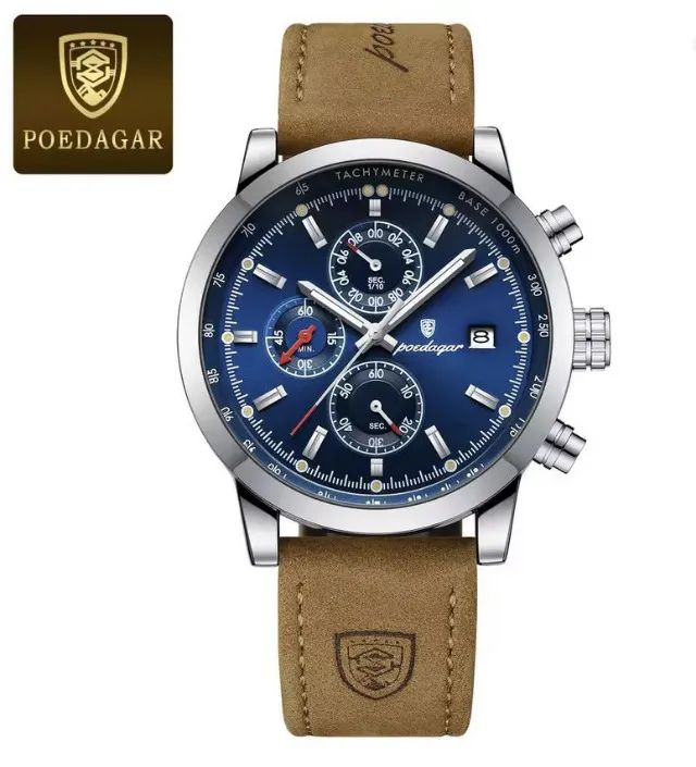 Relógio de pulso Poedagar 932 Silver Blue com pulseira em couro ecológico