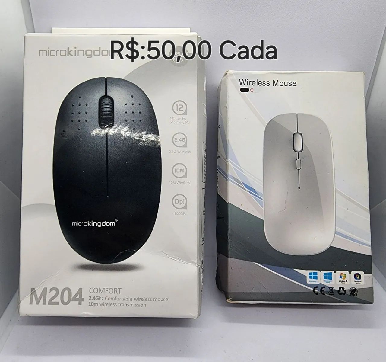 Mouse sem fio. O da direita é Recarregável. 