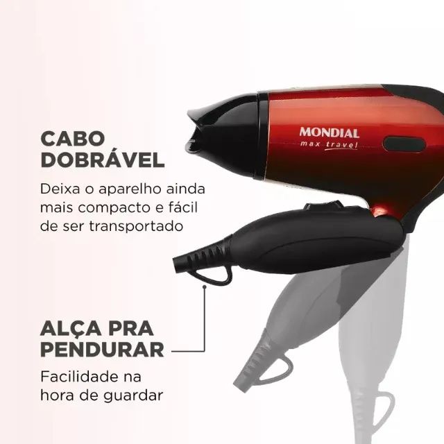 Secador de Cabelo Mondial Max Travel 1200W Vermelho-Preto Bivolt Novo com Garantia - Foto 5