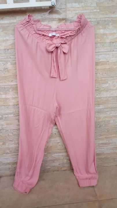 Calça de linho rosa G com laço jogger clochard