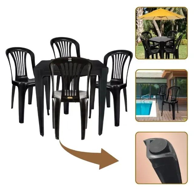 FRETE GRÁTIS BH - Conjunto de Mesa com 4 Cadeiras Preta em Plástico 