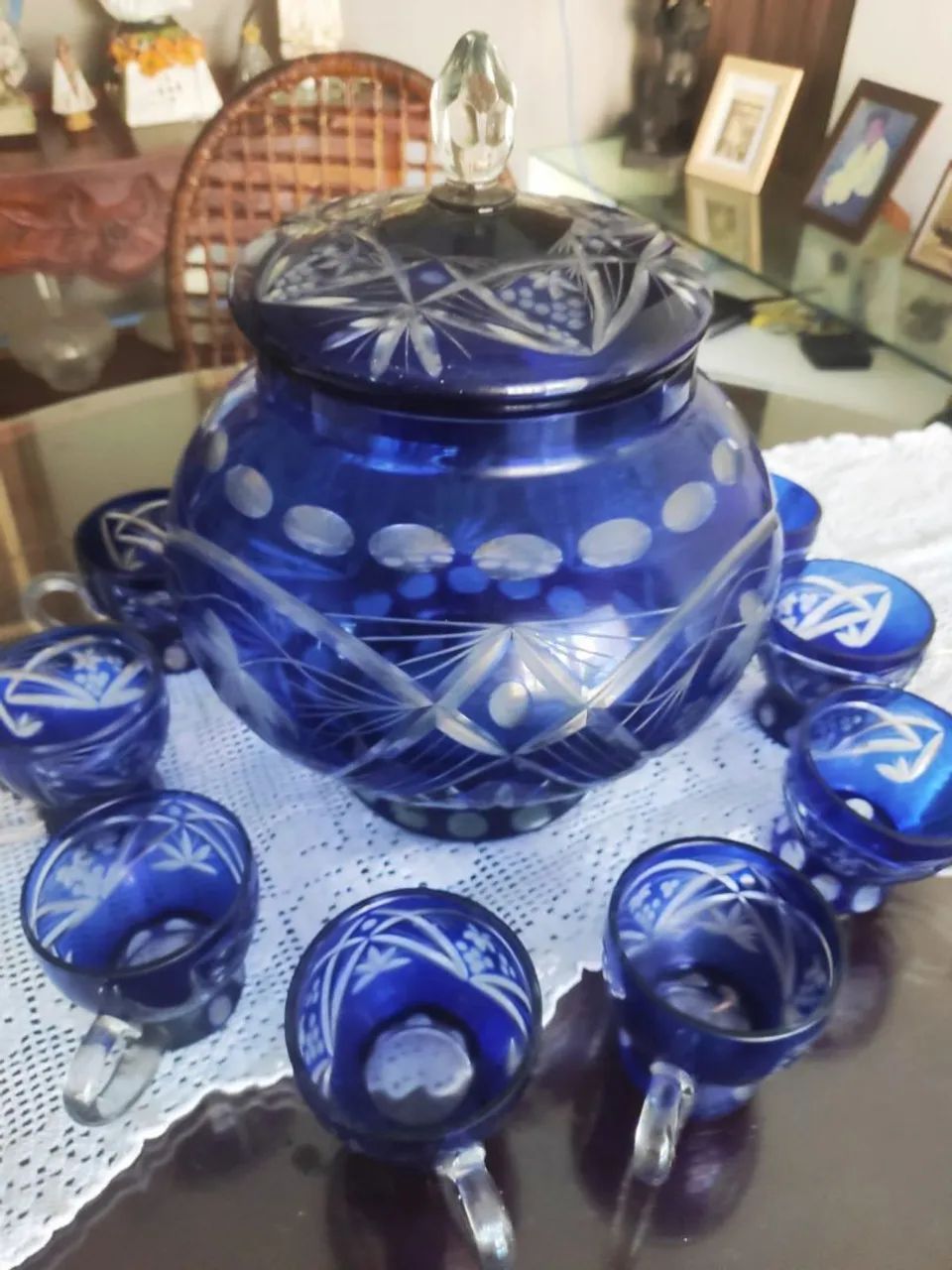 Conjunto de Punch Bowl e Taças de Cristal Azul