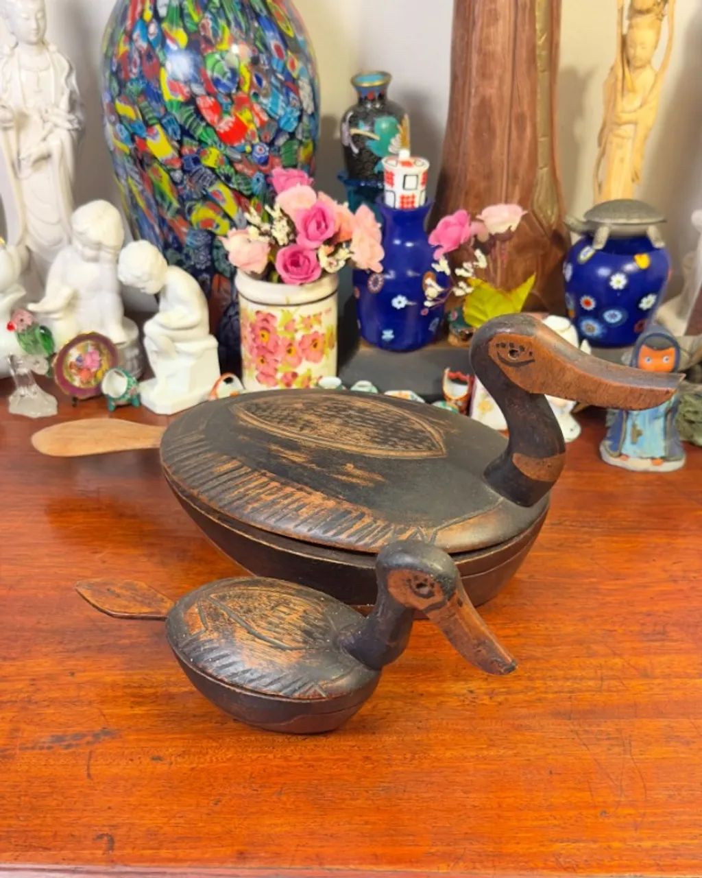 Par de antigas farinheiras Pato em madeira.