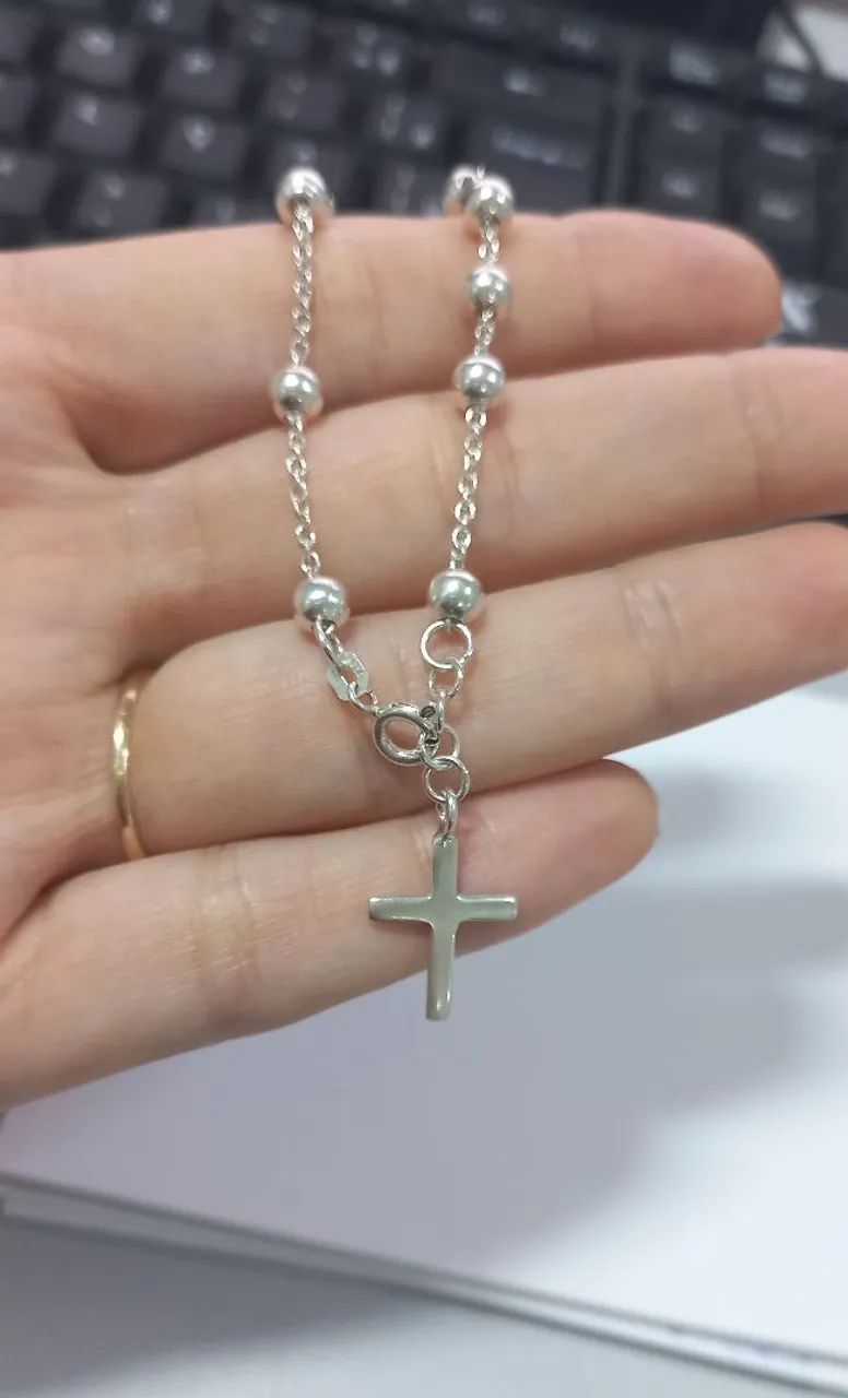 Pulseira terço prata 925 maciça 