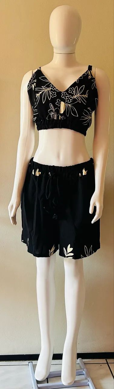 Conjunto kimono com 3 peças Floral Preto e Branco - Foto 2