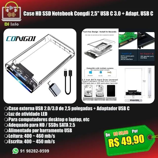 Case HD SSD Notebook Congdi 2,5 USB C 3.0 + Adapt. USB C