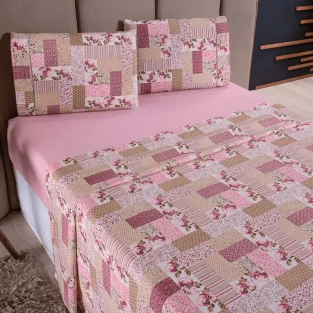 Jogo de Lençol Patchwork Rosa 04 Peças - Foto 2