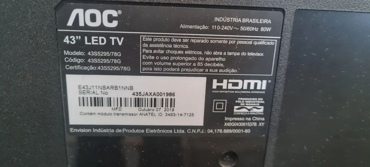 TV 43 polegadas smart OAC, com display quebrado,  porém. Funcionando as demais funções 