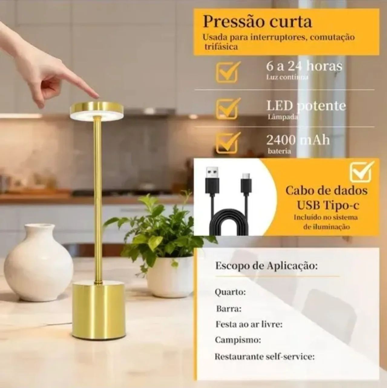 Luminária touch a bateria usb-c  - Foto 5