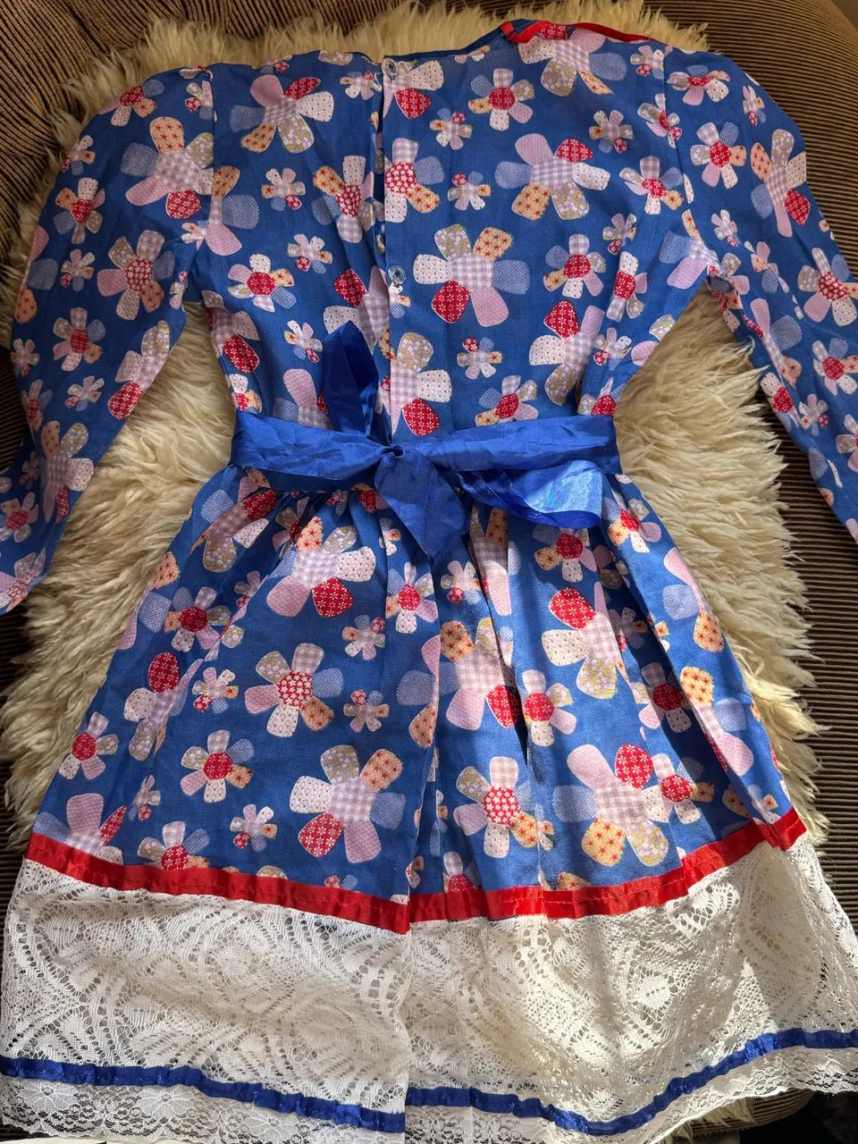 Vestido de Festa Junina Infantil - Azul Floral com Manga Longa - Foto 2