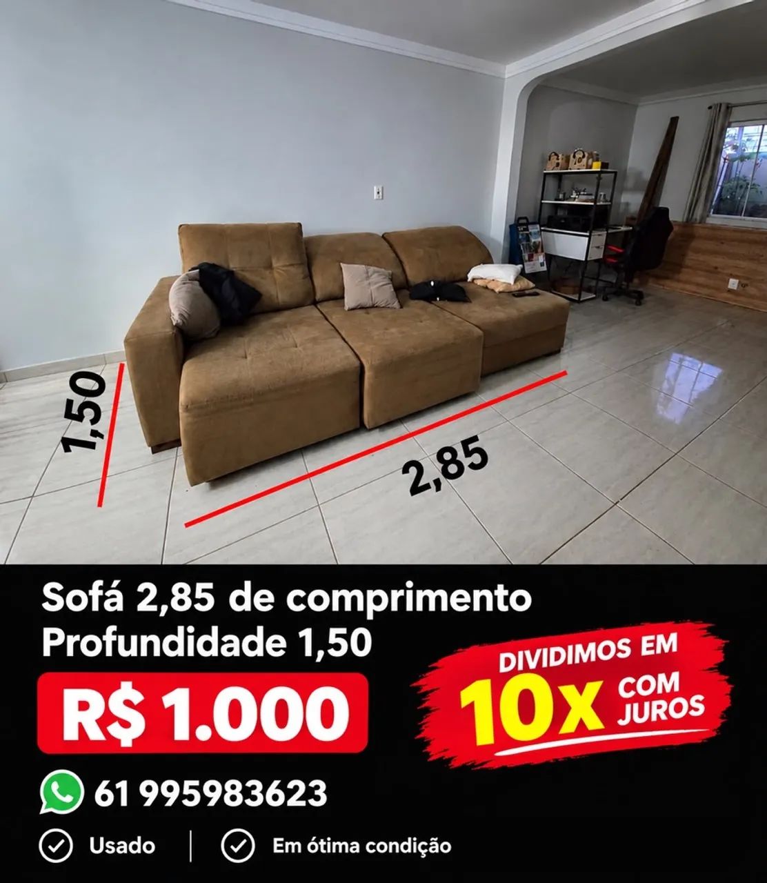 Sofá retrátil e reclinável marrom 2,85 m | Ótimo estado