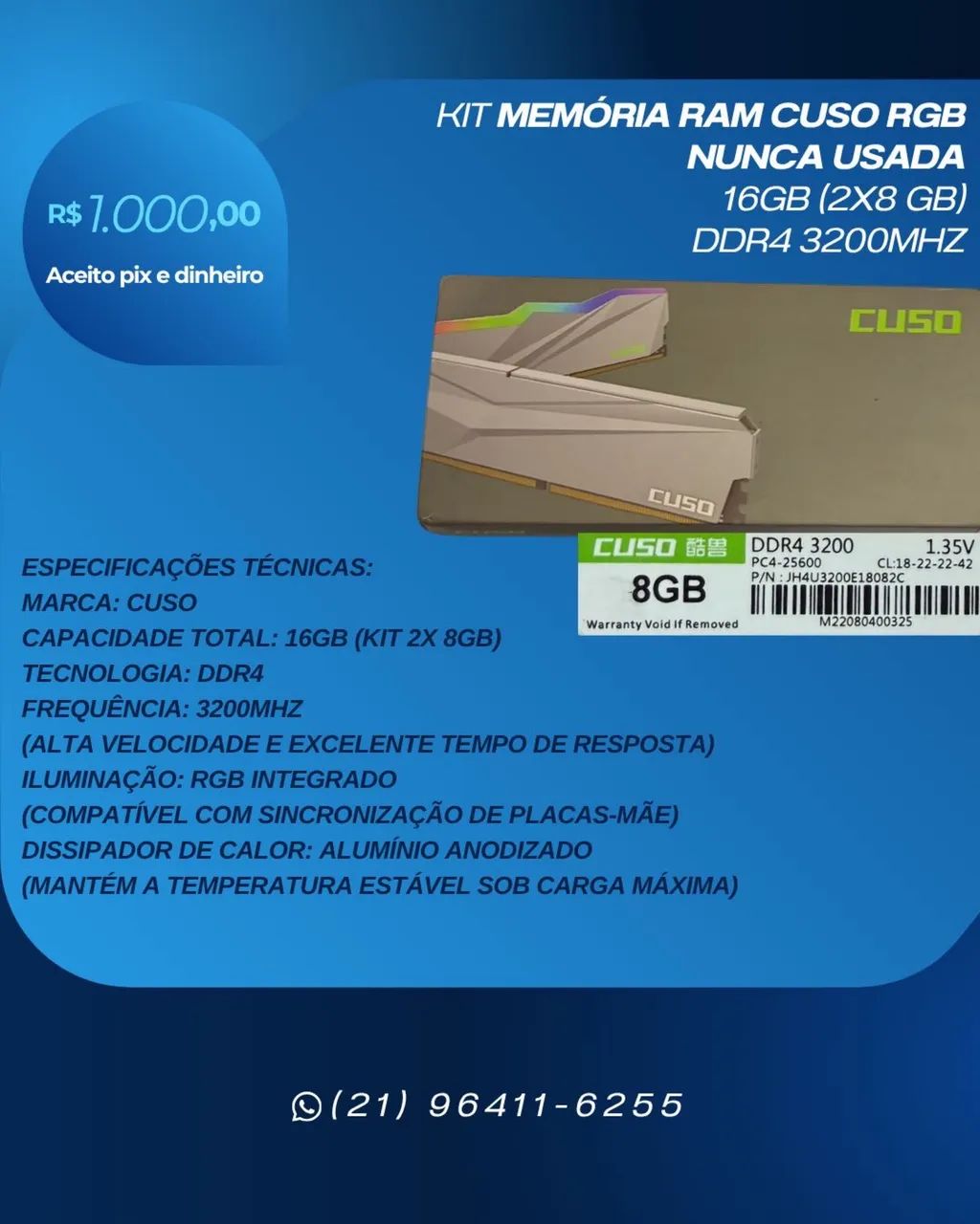KIT MEMÓRIA RAM DDR4 - CUSO - Foto 2