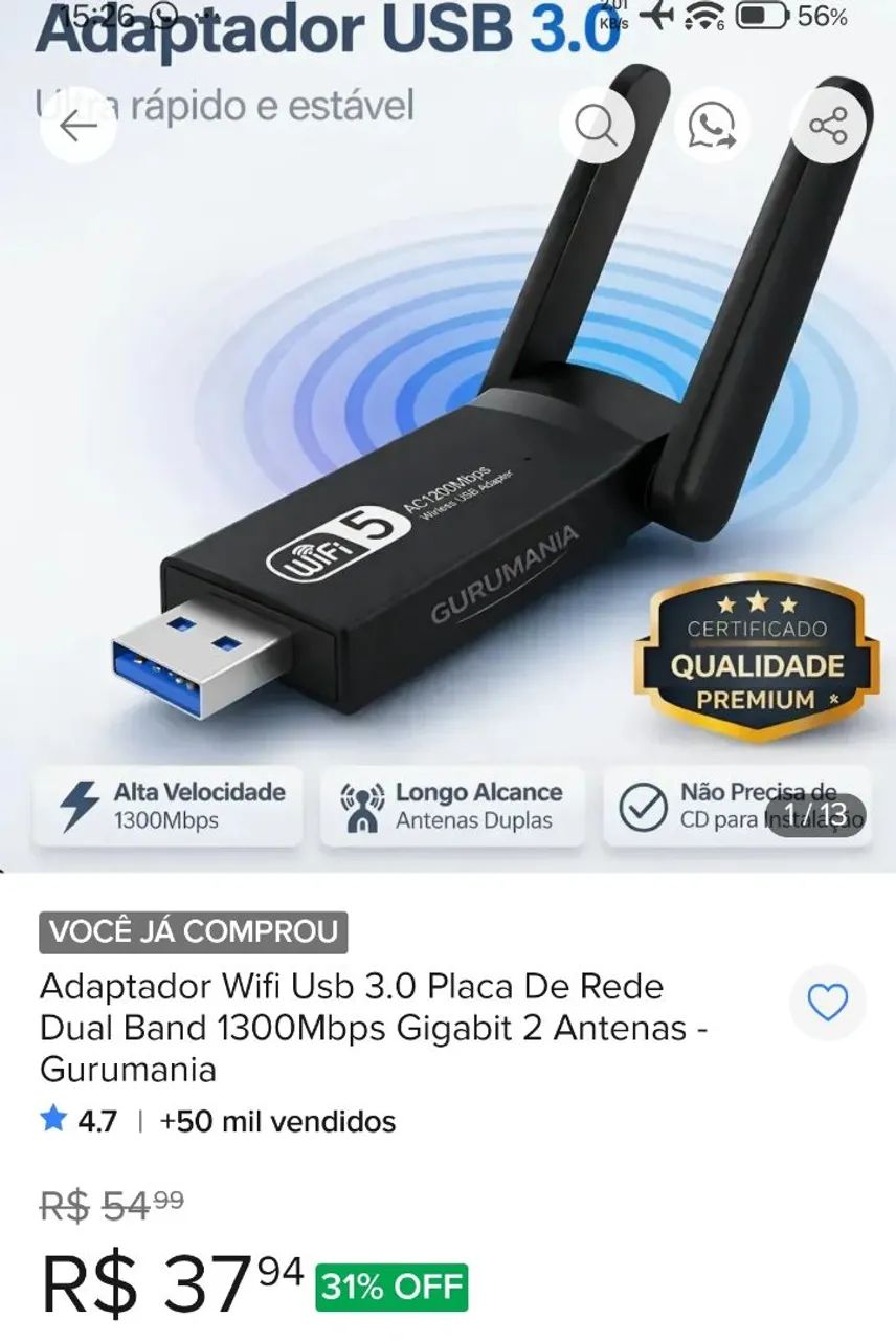 Vendo placa de rede WIFI Bluetooth USB  - Foto 3