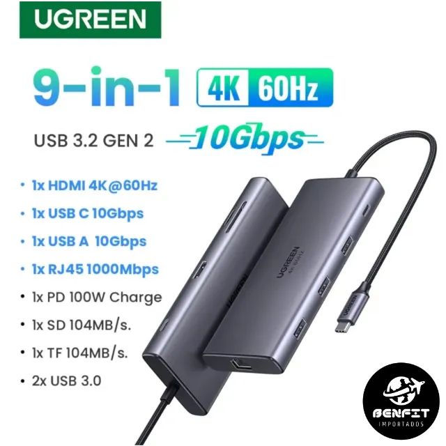 Hub Ugreen Adaptador Tipo C Portas 1*USB-C 3.2 10Gbps + 1*USB-A 3.2 10Gbps + Hdmi 4K @60Hz