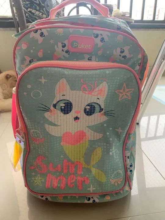 Mochila Escolar com Rodinha Gata Sereia Puket