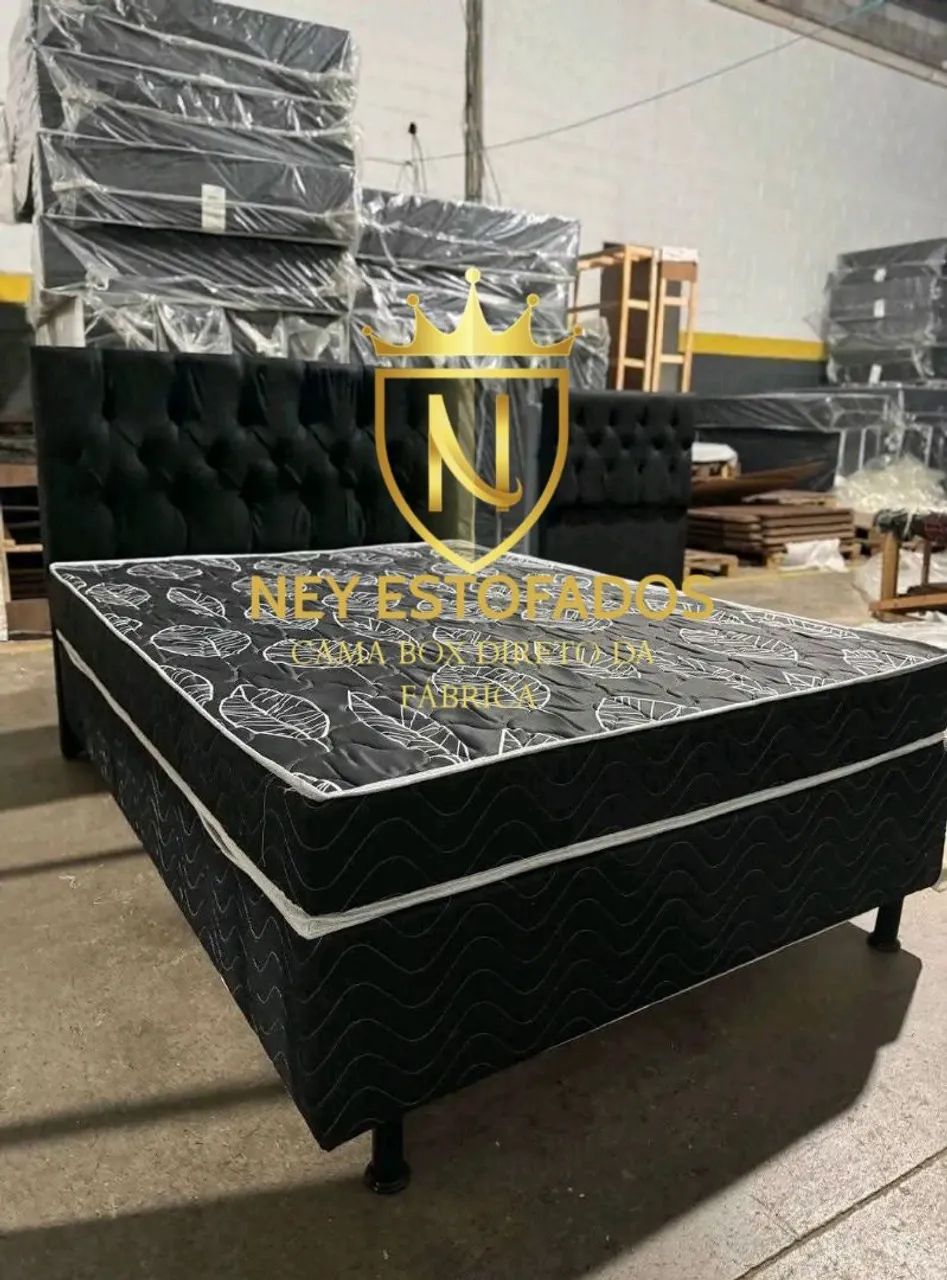 Cama Box Casal Black com Cabeceira Estofada