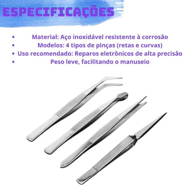 Kit Jogo de 4 Pinças Aço Manutenção Celulares Notebook Eletrônicos Reballing  - Foto 3
