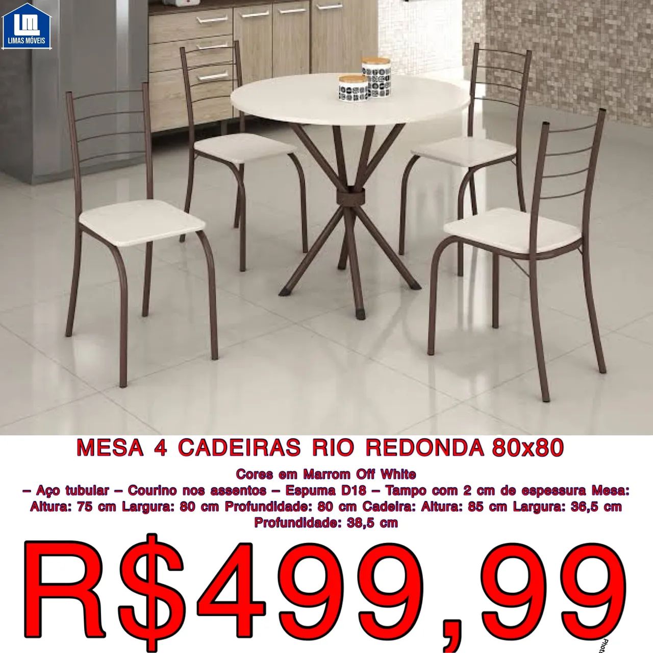 Mesa Rio Redonda 4 Cadeiras - Marrom Off White