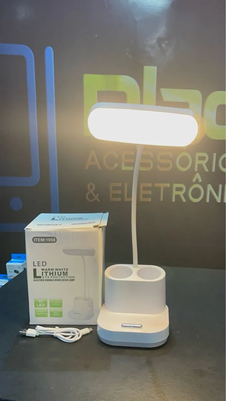 Luminaria mesa led articulada Sem Fio recarregável Suporte celular porta lápis USB - Foto 2