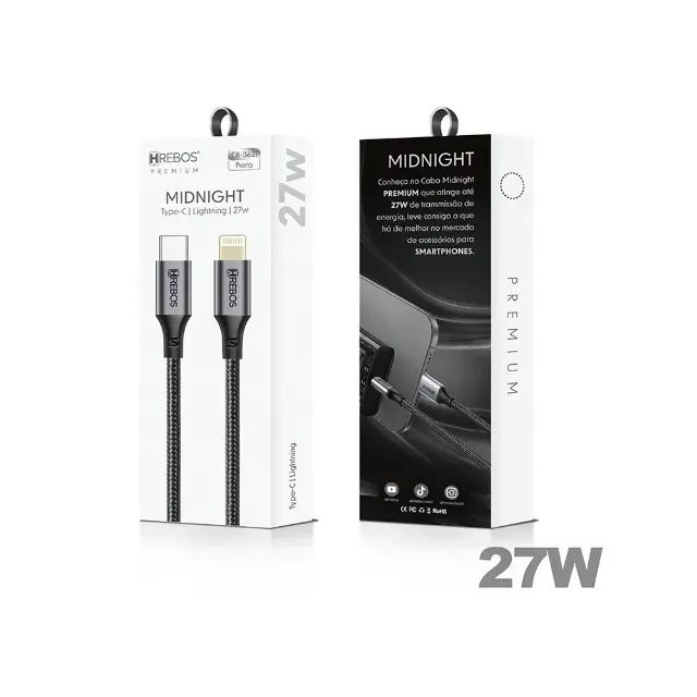 Cabo Auxiliar Hrebos USB-C para LIGHTNING - iphone, 27W, 1metro, Midnight  - Foto 5