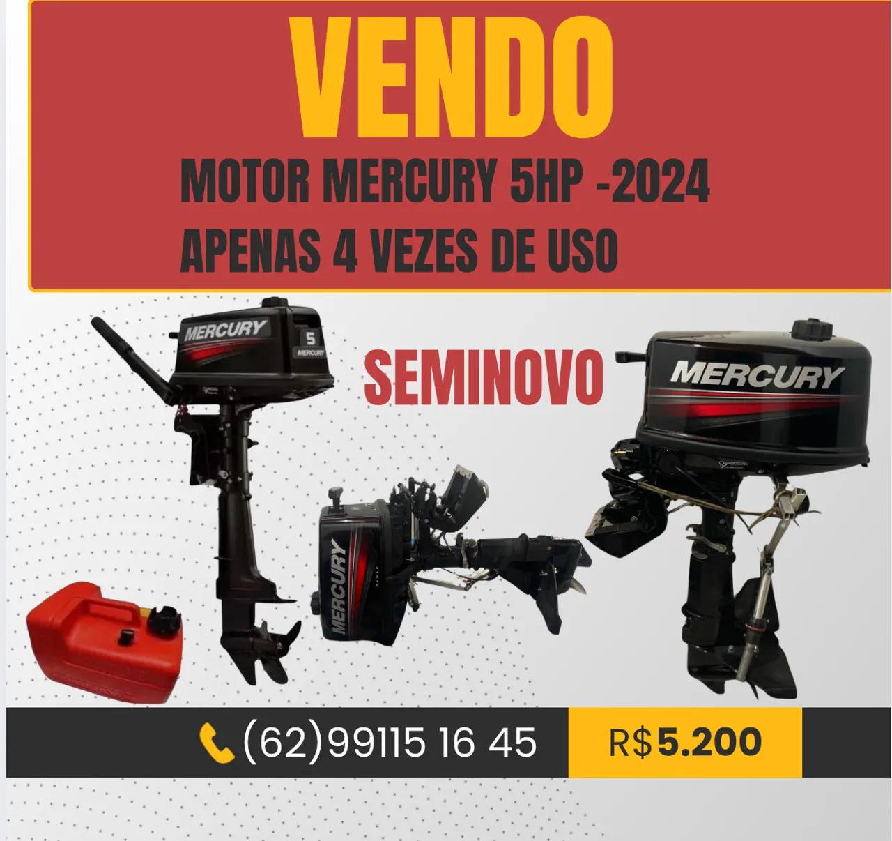Motor Mercury 5HP - 2024 - Seminovo