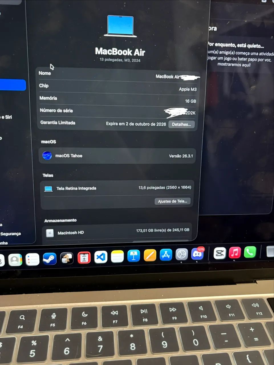 Macbook air m3 16/256gb 13 polegadas/ 100% de saúde de bateria e
