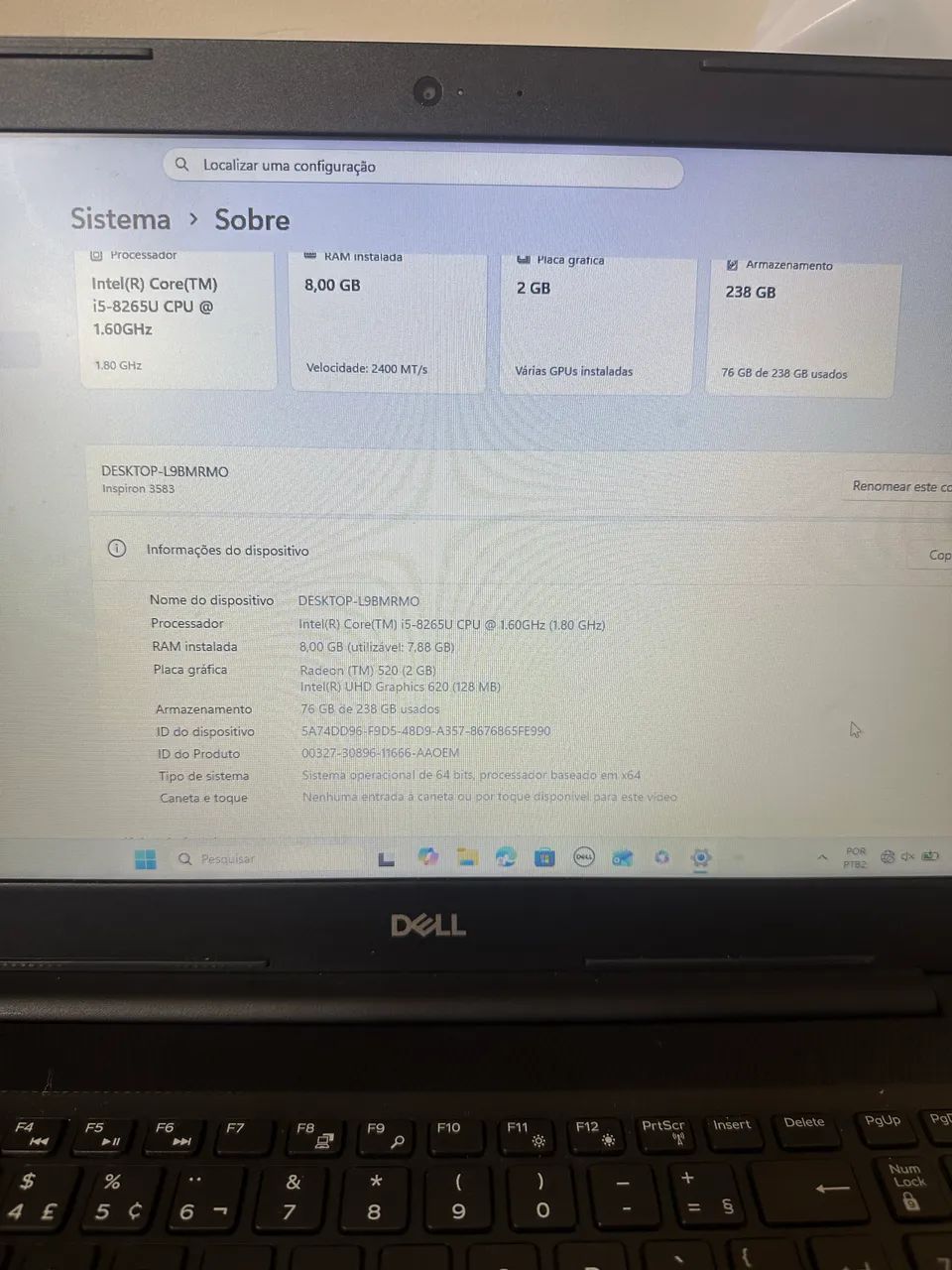 Notebook Dell Inspiron I5 8gb/238gb 