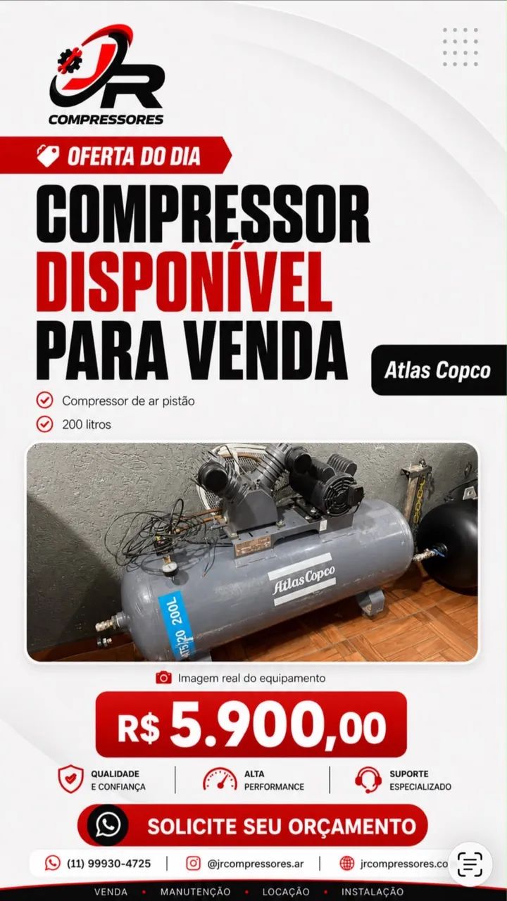 Compressor de ar pistão atlas copco 5hp 200 L 