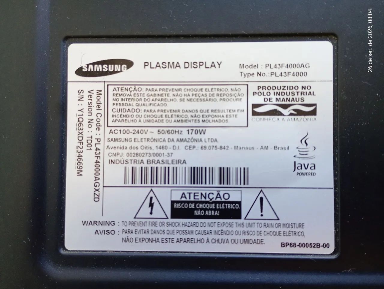 Tv de Plasma Samsung 43 pol ( para retirada de peças)
