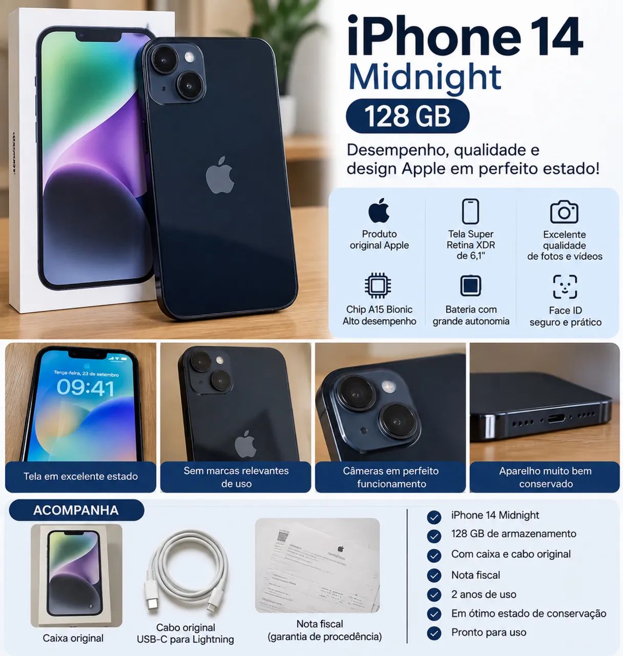 iPhone 14 128GB Meia-noite - Parcelo no cartão de crédito