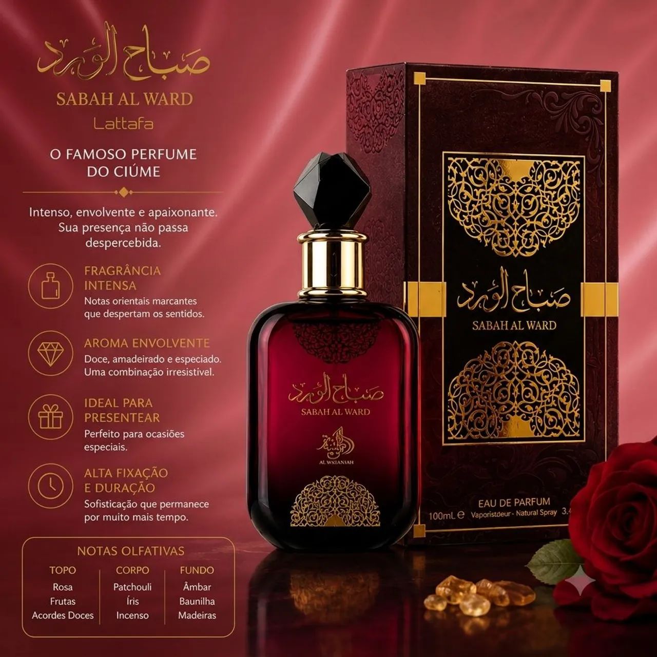 Perfume Árabe Sabah Al Ward - 100 ml longa fixação  - Foto 3