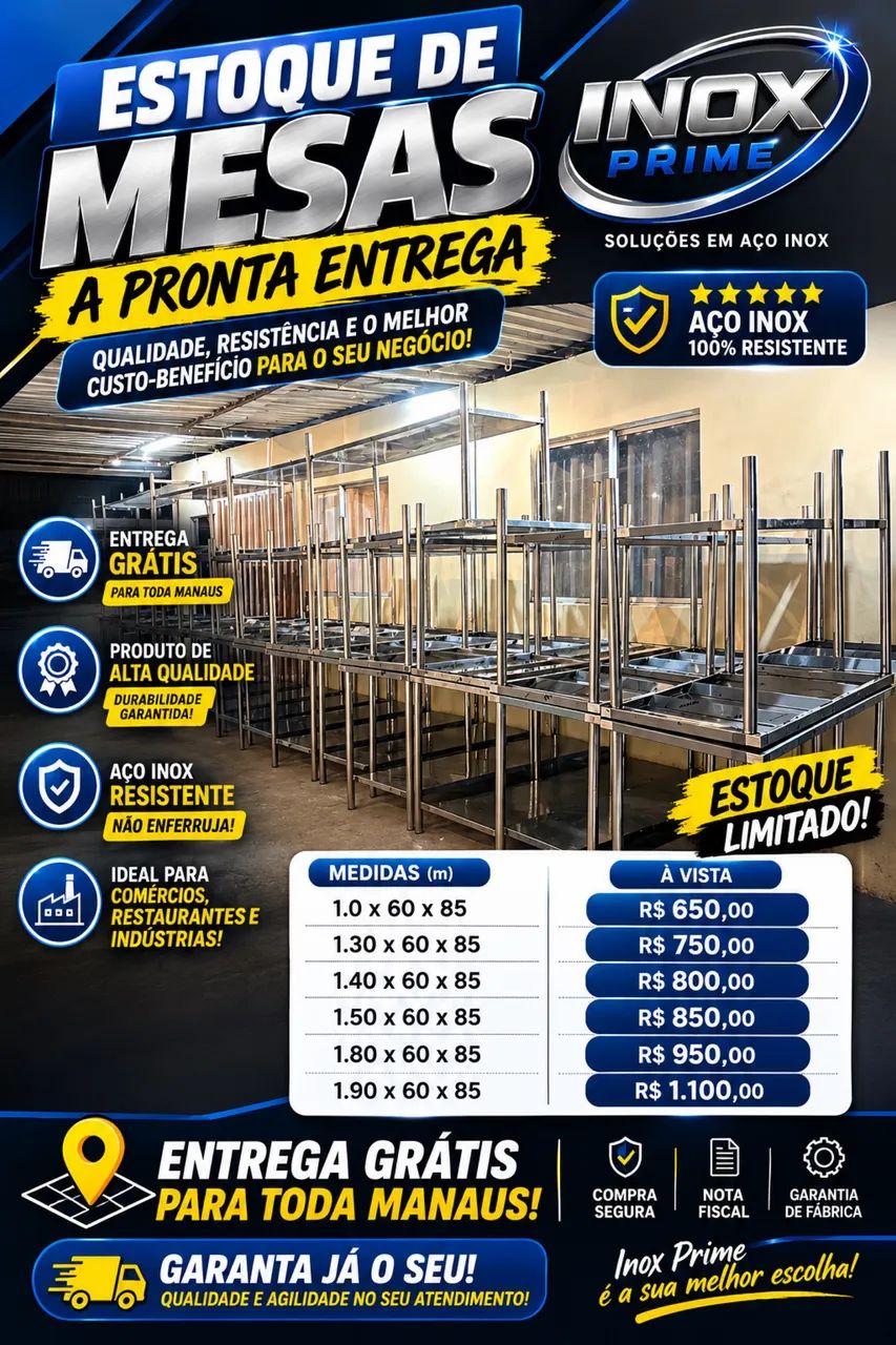 Mesas em inox a partir de 650,00