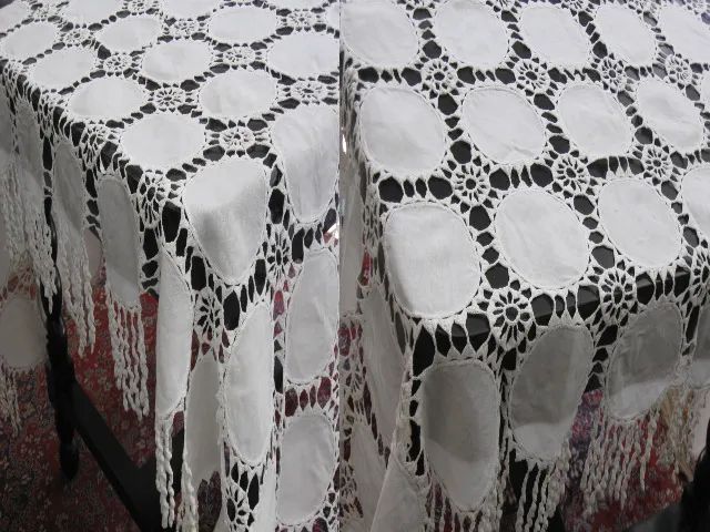 Toalha de mesa de linho entremeio em crochê - 2,15 x 1,60 (no estado) - Foto 5