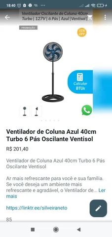 VENTILADOR DE COLUNA AZUL 40 CM TURBO VENTISOL .