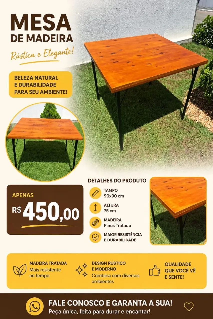 Mesa de Madeira 90x90cm - Nova - Foto 2