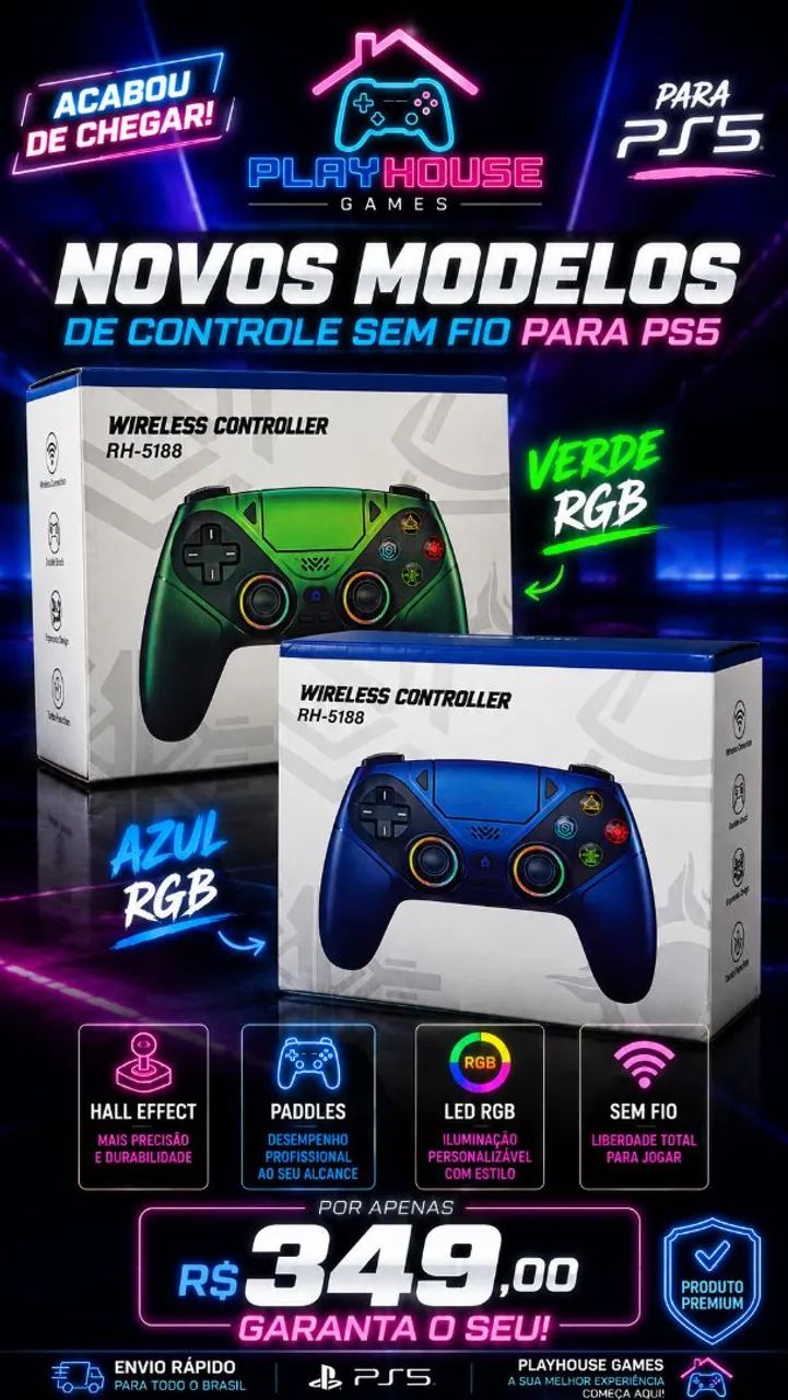 Controle PS5 sem fio bluetooth hall effect 