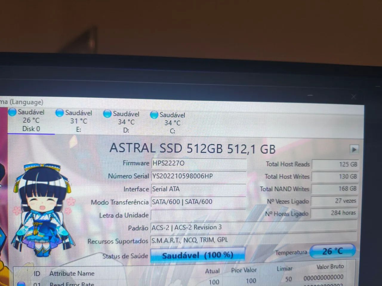 SSD 512GB  100% saúde 