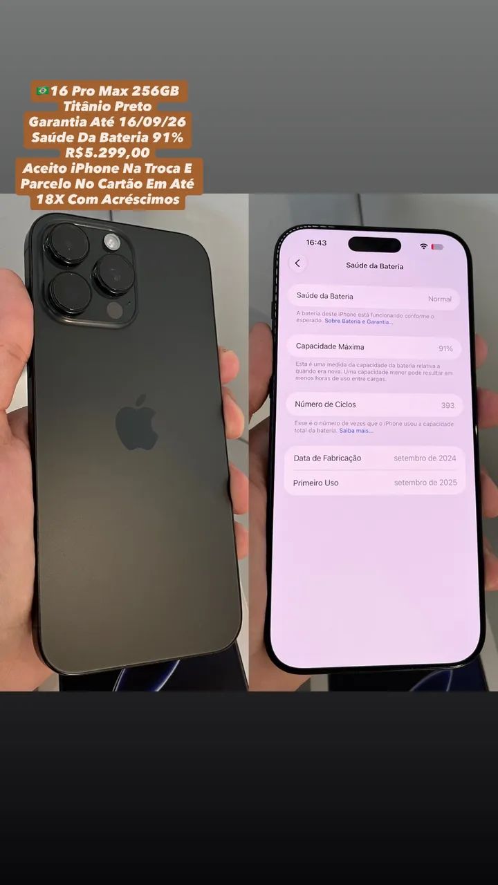 iPhone 16 Pro Max 256GB Preto - Garantia 16/09/26 (Usado)