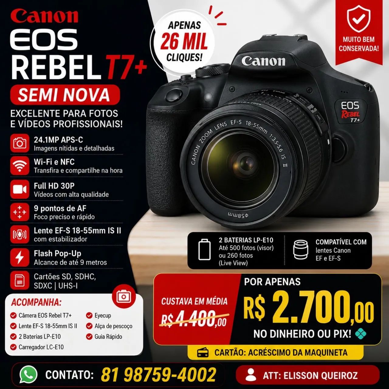 Câmera Canon EOS REBEL T7 + (Plus)