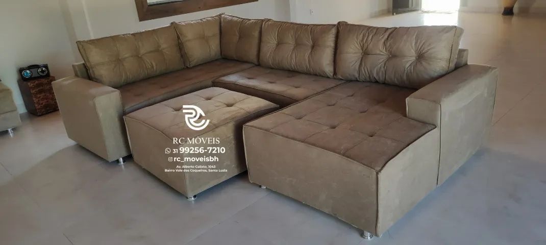 Sofá de canto Grande 3,10m com Chaise e Puff veludo D33 Premium - Foto 2