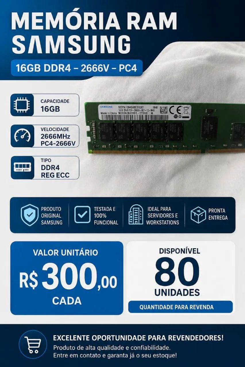 Memória RAM Samsung 16GB DDR4 ECC 2666MHz PC4 - Servidor