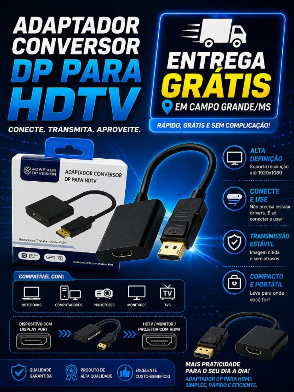 Adaptador converte DISPLAYPORT em HDMI - ENTREGA GRÁTIS EM CAMPO GRANDE MS