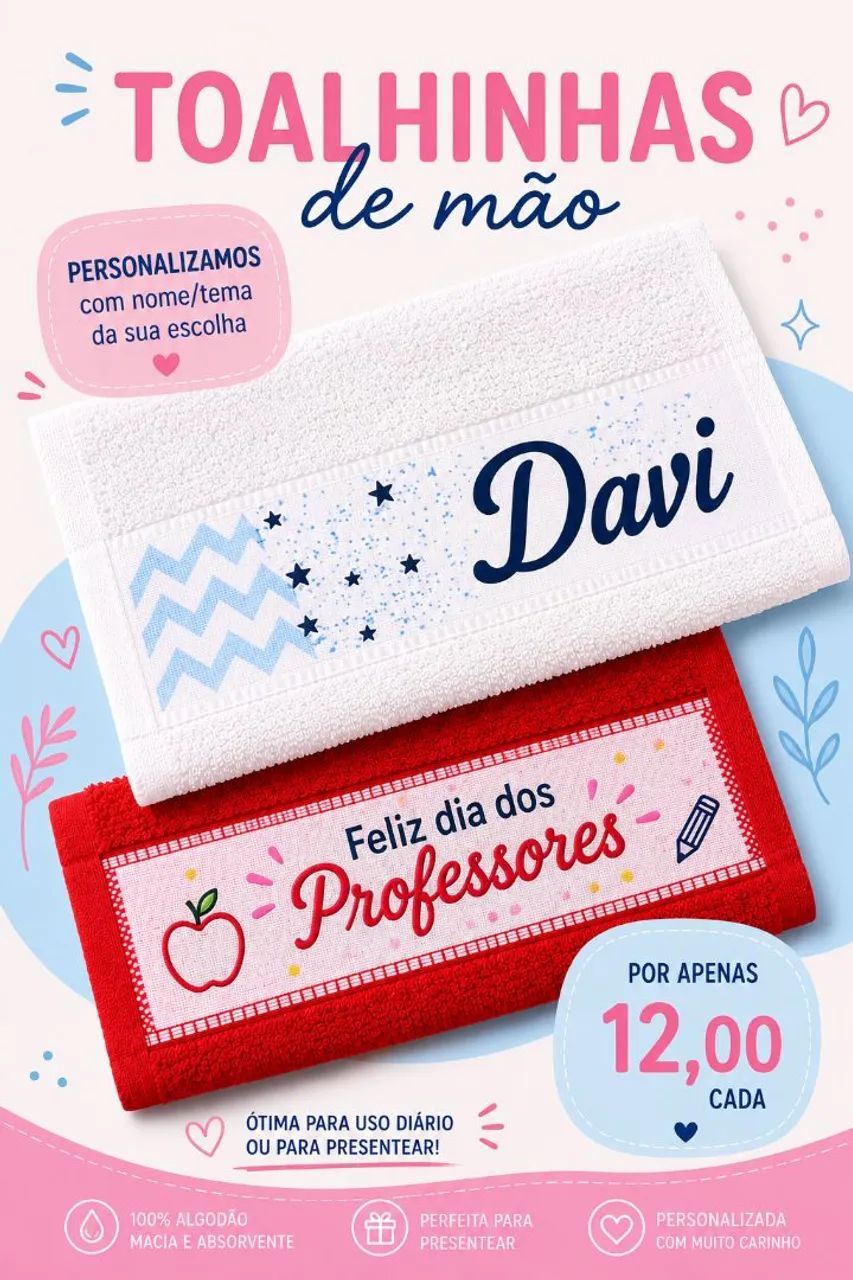 Toalhinha de mão personalizada com nome e tema