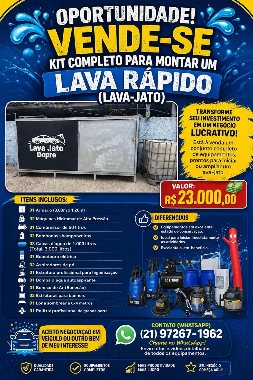 OPORTUNIDADE! VENDE-SE KIT COMPLETO PARA MONTAR UM LAVA RÁPIDO (LAVA-JATO)
